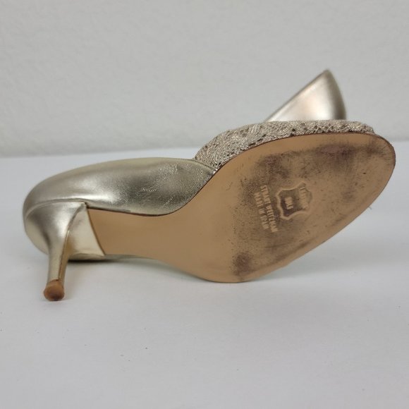 Stuart Weitzman Vintage Gold Lace Peep Toe Leather Sole Heel Made in Spain - Picture 8 of 11
